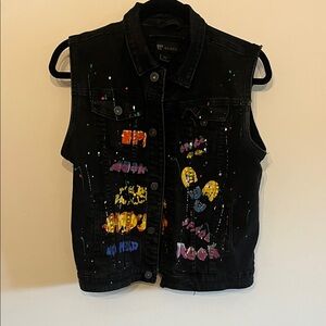 Stylish Black Denim Vest with Colorful Graphic